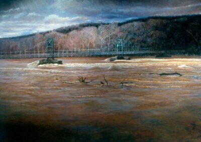 Painting of the Delaware River at Lumberville with the steel pedestrian suspension bridge gliding over tumultuous, raging, muddy brown waters as the river level rises and flooding begins. Rain clouds darken the sky with small openings of blue begin to appear.