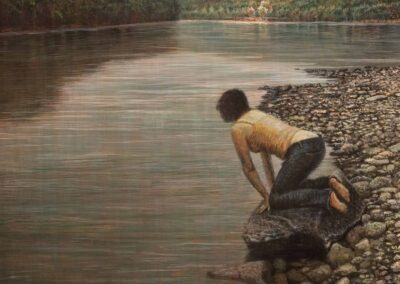 Painting of a young woman in jeans kneeling on a large rock on a rocky shore of the Delaware River. She looks into a still river as if she sees something. In the distance, the river, reflecting the green trees on either shore, bends where sunlight lights up a portion of the shore and its trees.