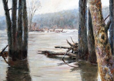 Painting of a bright, sunlit river seen through foreground trees with some driftwood.