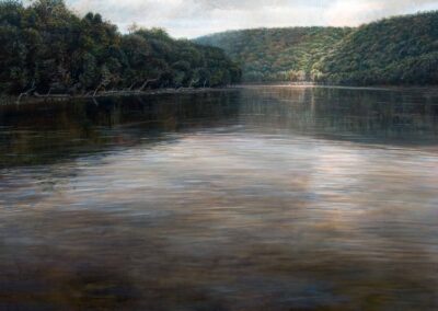 Painting of the Delaware River with a view from the middle of the river looking toward a bend in the river with late summer trees on each side of the river and sunlight lighting the shore on the river bend on an otherwise cloudy day.