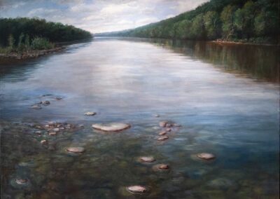 River bend with rocks in shallow water in foreground